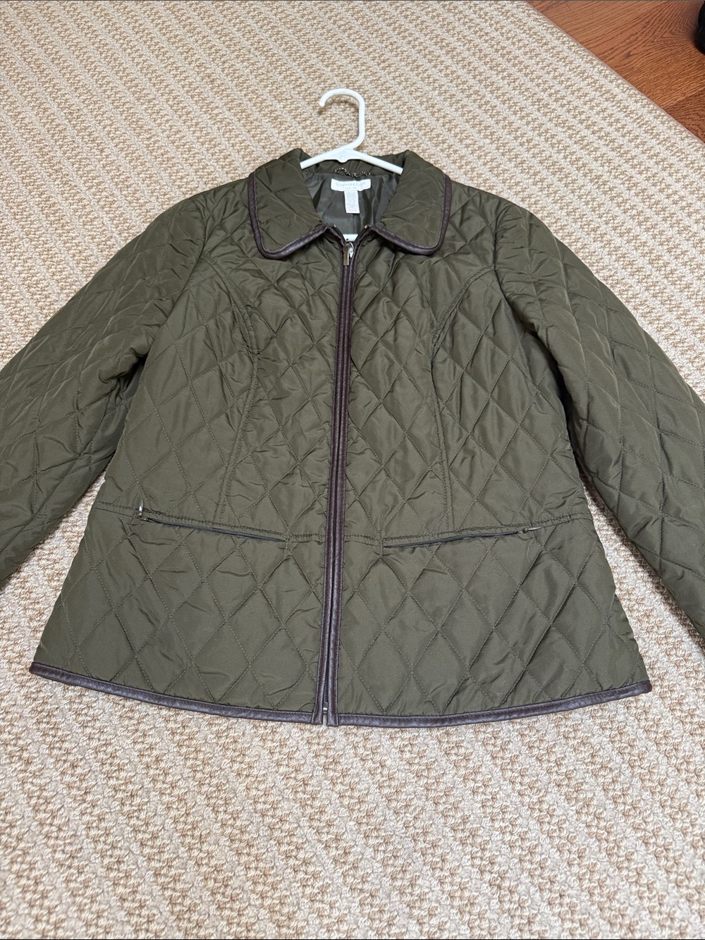Charter Club Quilted Olive Green Utility Jacket with Contrast Trim